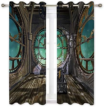 Misscc Decorative Blackout Window Curtains,Steampunk Empty Room with Clocks,Window Treatment Drapes for Living Room Bedroom Kitchen Cafe, 2 Panel Set