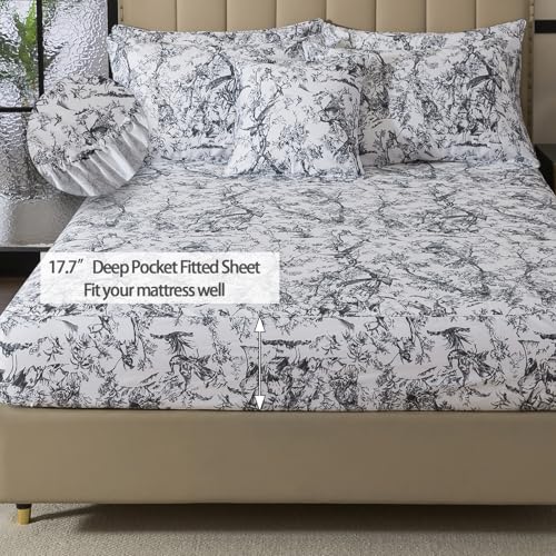 Image of FADFAY Bird Sheets Set Full 100% Egyptian Cotton Black and White Toile de Jouy Bedding Vintage Rose Floral Farmhouse Bedding Shabby Chinoiserie French Country Sheets Deep Pocket Soft Breathable 4Pcs