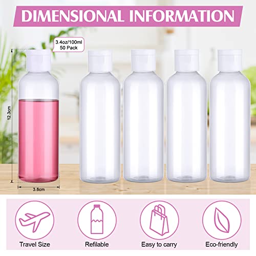 50 Piece 3.4 oz Travel Bottles Set Clear Plastic Refillable Squeeze Bottles with Flip Cap Dispensers and 2 Funnels for Travel-size Liquid Cosmetics(Clear, White)2