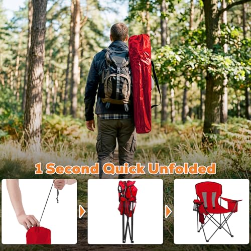 Image of Romswi Portable Camping Chairs, Heavy Duty Folding Outdoor Chairs, Folding Chair with 4-Can Cooler Bag for Camping, Fishing, Garden, 2-Pack, Red