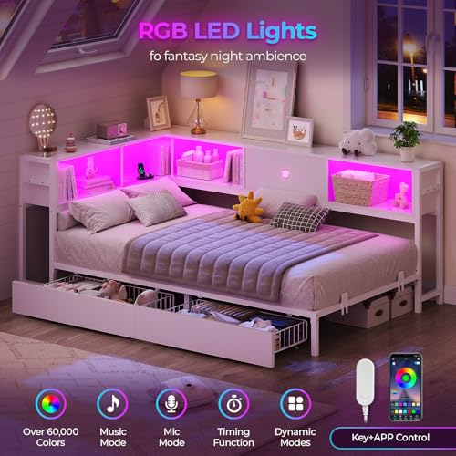 Image of Hasuit Corner Twin XL Bed Frame with Storage Drawers and Bookcase Headboard, Twin xl Size Metal Platform Corner Bed Frame with Charging Station & LED Lights, Twin XL Daybed for Kids Teens Guests,White