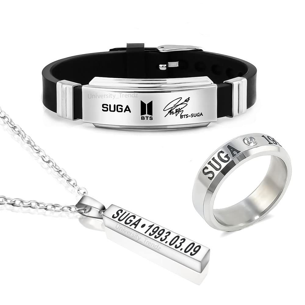 University Trendz Unisex BTS Fan Combo - Suga Bangtan Kpop Bar Pendant with Signature Silicon Bracelet & DOB Engraved Stainless Steel Ring (Pack of 3) (B09NDDMMS9) Amazon Price History, Amazon Price Tracker