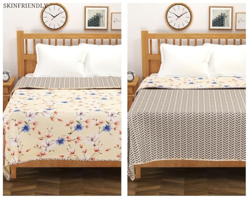 Image of VAS COLLECTIONS Pure Cotton 120 GSM Reversible Soft Lightweight Printed Single Bed Blanket /AC Dohar /Skin Friendly Dohar-152 x 225 cm - Yellow & Blue