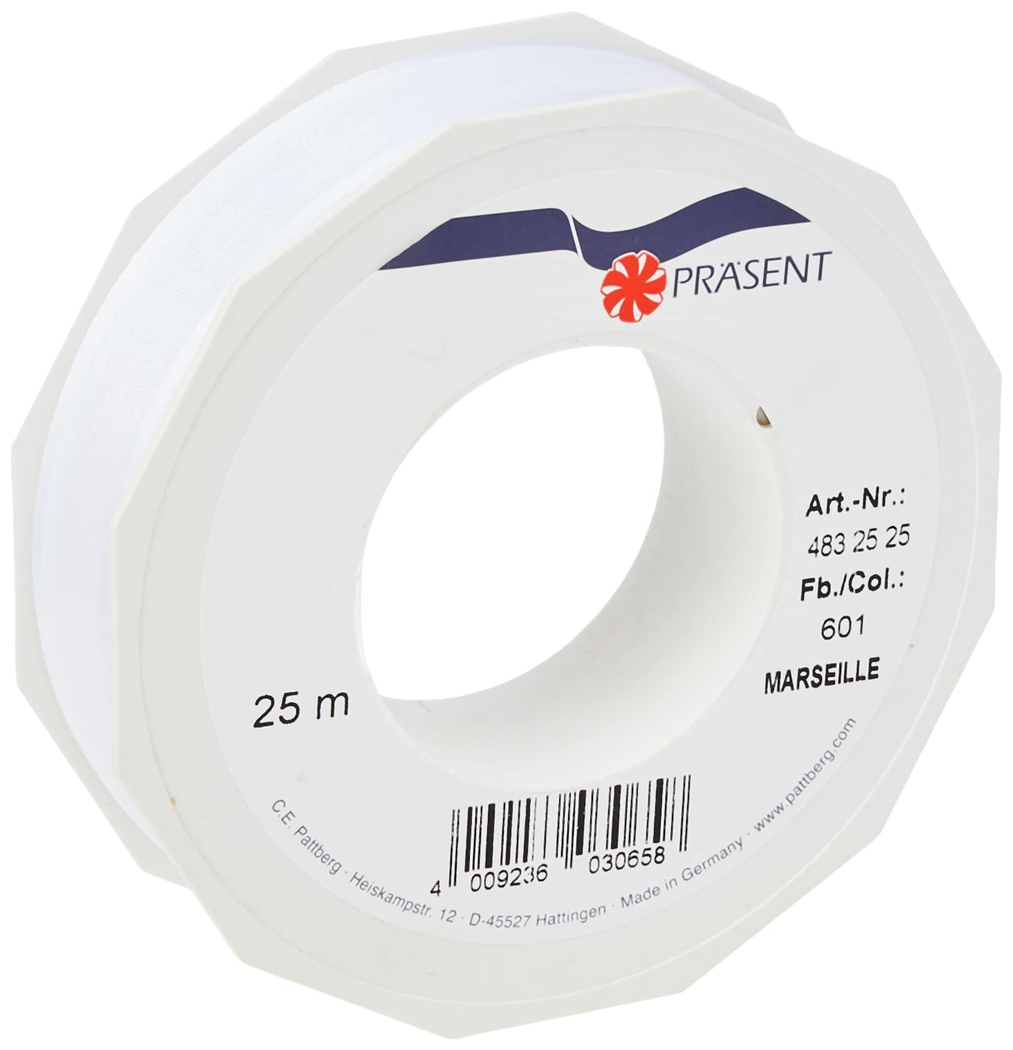 PRÄSENT - Marseille Wired Organza Ribbon White 25 mm width, 25 m length