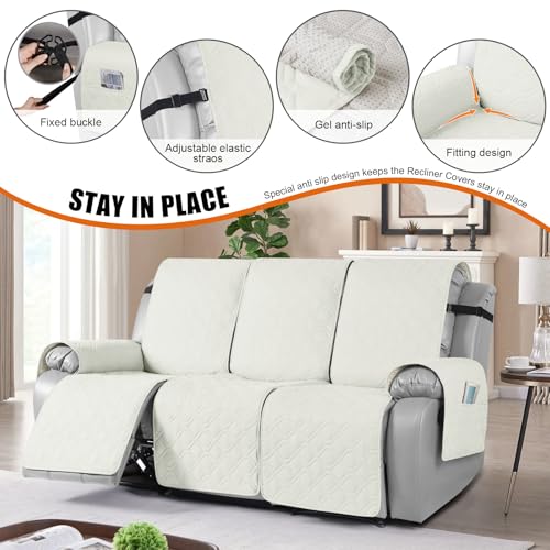 Image of VANSOFY Waterproof Recliner Couch Covers, Sofa Covers 1-Piece Washable Reclining Sofa Cover Non-Slip Furniture Protector with Elastic Straps Pocket for Dogs, Pets(Off White,3 Seater)