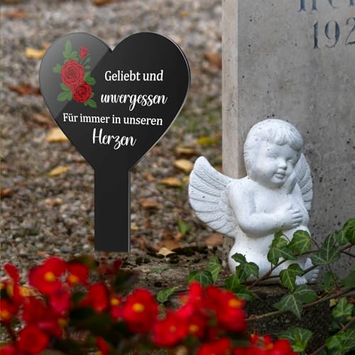 Photect Herz Grabstecker Schwarz Acryl Grabschmuck mit Gravur Geliebt und Unvergessen Träumen Gedenktafel Grabstein Grabdeko Wetterfest Gartenstecker für Grab(Bunte Rosen)