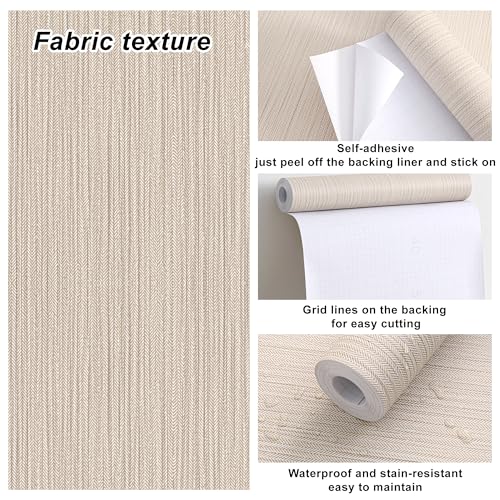 HyunHome Matte Faux Grasscloth Wallpaper Herringbone Pattern Fabric Contact Paper Peel and Stick Self-Adhesive Decorative Wallpapers for Bedroom Bathroom Cabinets（15.7" x 118", Yellowish Brown） by HyunHome - Used condition - Image 4