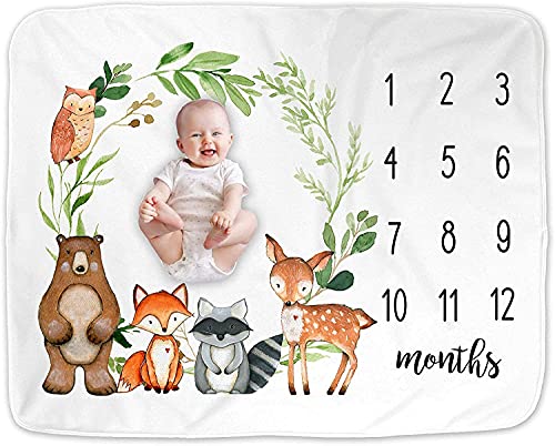 Image of Woodland Baby Monthly Milestone Blanket, Woodland Animals Baby Growth Chart Monthly Blanket, Woodland Forest Nursery Decor, Includes Marker (50@)
