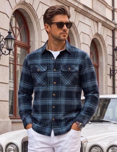 Image of Cotrasen Mens Flannel Shirts Cotton Plaid Button Down Shirt | Long Sleeve, Corduroy Collared, Soft,Breathable, Work, Western, Trendy, Casual Classic Flannel Shirt with Pocket