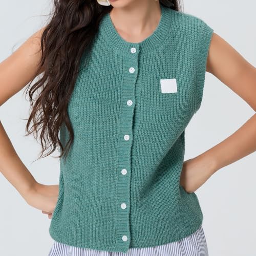 Image of Women Chunky Button Sweater Vest Sleeveless Round Neck Rib Knitted Tank Top Y2k Knitted Cardigan Vest Shirt