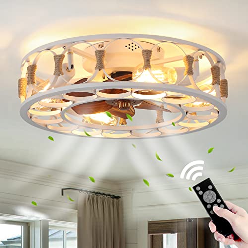 BUXVRCS 19.68'' Flush Mount Caged Ceiling Fan with Lights, Farmhouse Rustic Low Profile Ceiling Fans (Including 5 Bulbs) (White) - Image 9
