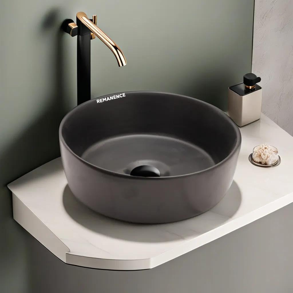 REMANENCE Round Countertop Wash Basin | Designer Table Top Bathroom Basin Sink | Vessel Sink Wash Basin Over Counter for Bathroom, Hotel, Home Living Room (12.5 x 12.5 x 5 Inch) (Cream Maroon) 3