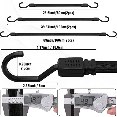 Bungee Cords With Hooks Heavy Duty, 6 Pack Long Flat Bungee Cords Assorted Size 24" 40" 60", Rubber Black Bungee Straps With Metal Buckle Hooks For Outdoor, Camping, Tarps, Bike Rack, Tent, Car, Truck #TOP2
