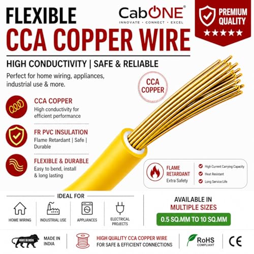 Image of CabONE 1.5 SQ.MM FR PVC Insulated Copper Electrical Wire, 90 Meter (Yellow, Pack of 2) | ISI Marked Fire Retardant Single Core Cable for Home Wiring