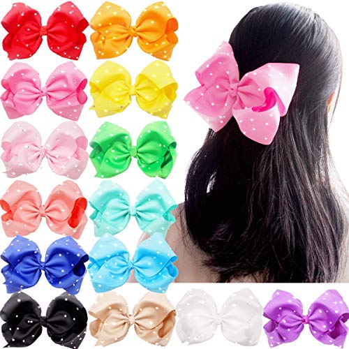 8 Inches Big Hair Bows Clip Sparkly Glitter Rhinestones Hair Bows Large Boutique Cheer Bows Alligator Hair Clips Hair Accessories For Baby Girls Toddlers Kids Teens Pack of 14