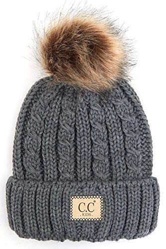 ScarvesMe Exclusive Kids Cable Knit Warm Winter Beanie Skull Cap Hat with Pom Light Gray