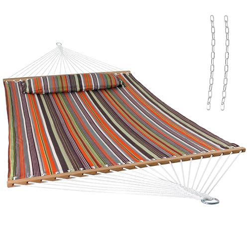 Sunnydaze Quilted Double Hammock for Outside with Spreader Bars and Pillow - 450 lb Capacity 74x55 Inch Bed UV Resistant Quick Dry - Chains Included Stand Sold Separately - Canyon Sunset