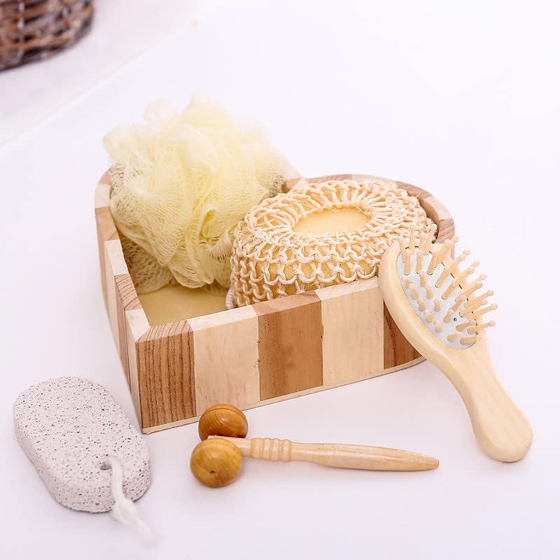 Self Care Spa Bath Set Natural Wooden Bathtub Tray Heart-shape Wood Bath Tray Including Bath Sponge/Body Scrubber/Massage Comb/Whetstone/Facial Massager for Shower Tub Bathtub Bathroom Accessories - Image 3