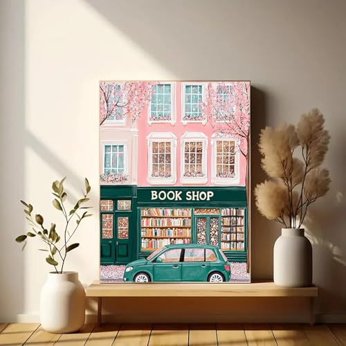 Image of Eiazuiks Stamping Cross Stitch Kit, Green Bookstore Counting Cross Stitch Kit for Adult Beginners, Full Line DIY Stitching Kit for Home Decor Cross Stitch Patterns 12x16 inches