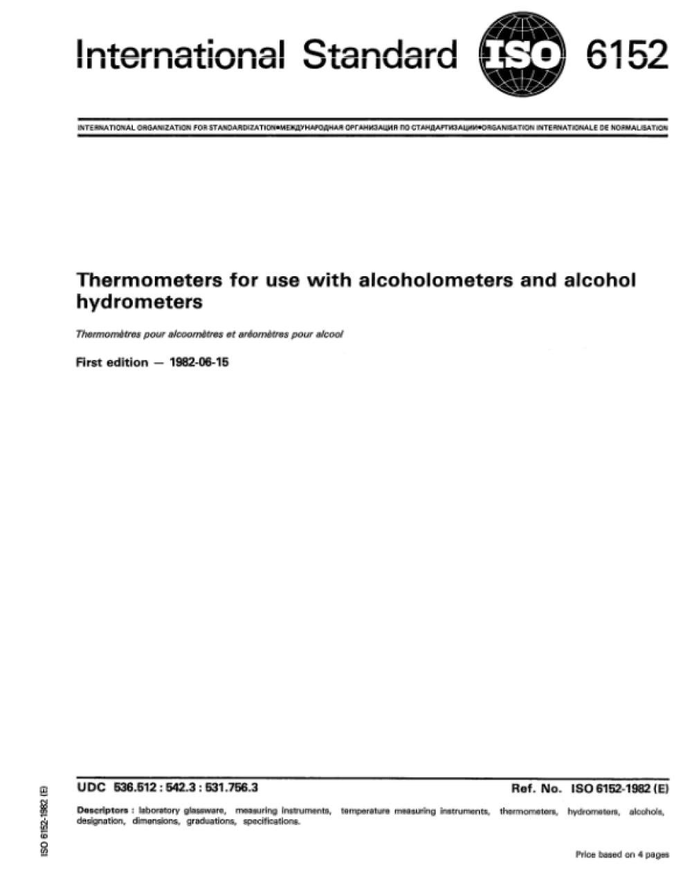 ISO 6152:1982, Termometri per uso con alcoolometri e idrometri per alcol