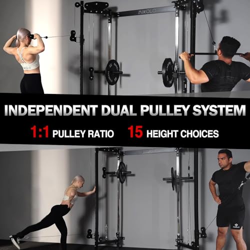 Image of Mikolo Folding Squat Rack, Wall Mounted Power Rack with Cable Crossover Machine & LAT Pull Down, Functional Trainer with 5 Adjustable Function Modes, Basic Home Gym Package with Weights(Black)