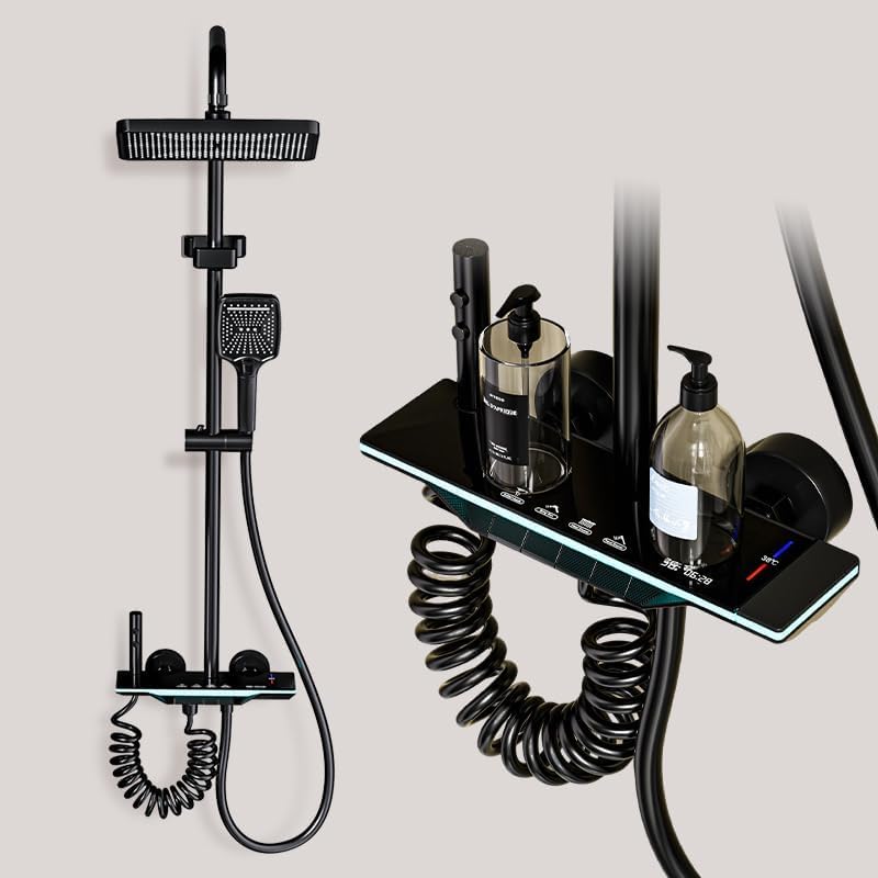 Columna Ducha Negro, Duchas de Baño Columna con Pantalla LED de Temperatura, Cabezal Cuadrado 30X21cm, Cabezal, Chorro, Columna de Ducha con Grifo, Iluminación Ambiental