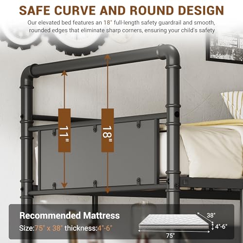 GarveeHome Loft Bunk Bed with L-Shaped Desk,Twin Loft Bed with Desk Underneath,Metal Bunk Beds with High Guardrail and Ladder for Kids/Teens/Adults,Easy Assembly, Vintage Black