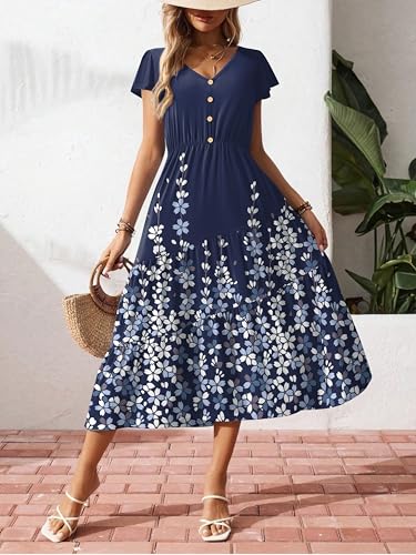 Image of Zeagoo Women's Summer Casual Dress Flutter Short Sleeve V Neck Button Down Tiered Flowy Long Dress with Pockets