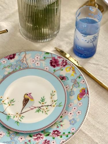 Image of GOLDEN QUEEN'S Snack Plates Set of 4 | Perfect for Snacks, Desserts, Appetizers, Salads, Tapas, Cheese | 7 inches Wide | Microwave Safe (Birdie in Blue)