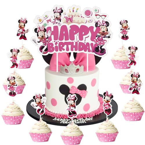 Min-nie Cake Topper, Decoracion para Tartas Infantiles, Niñas Cupcake Topper, Decoración para Fiesta de Cumpleaños, Baby Shower y Fiesta de Bodas