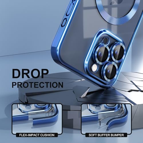 Image of Misea Magnetic for iPhone 15 Pro Max Case Compatible with MagSafe | [Never Yellowing] [Military Drop Protection] Full Camera Lens Protector Plating Soft Clear Phone Case for Women, Deep Blue