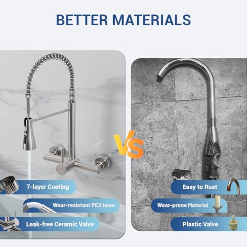 Image of Wall Mount Kitchen Faucet with Pull Down Sprayer 3 Functions, 304 Stainless Steel Wall Mount Faucet 8 Inch Center, Single Handle Kitchen Sink Faucet High Arc 360 Swivel, Brushed Nickel