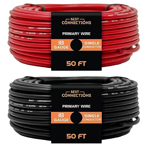 BEST CONNECTIONS 18 Gauge Automotive Primary Wire Bundle (50ft Each, Red & Black) |Ideal for Speaker, Automotive, and Trailer | Durable Primary/Remote, Power/Ground Electrical Wiring