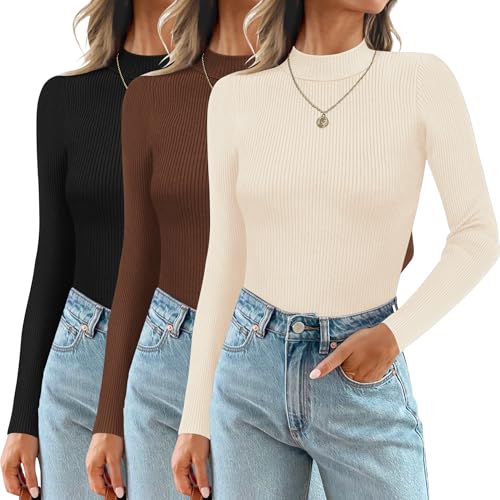 Ekouaer 3 Pack Mock Turtlenecks Tops for Women Long Sleeve Ribbed Shirts Thermal Slim Fit Lightweight Undershirts Brown/Beige/Black M