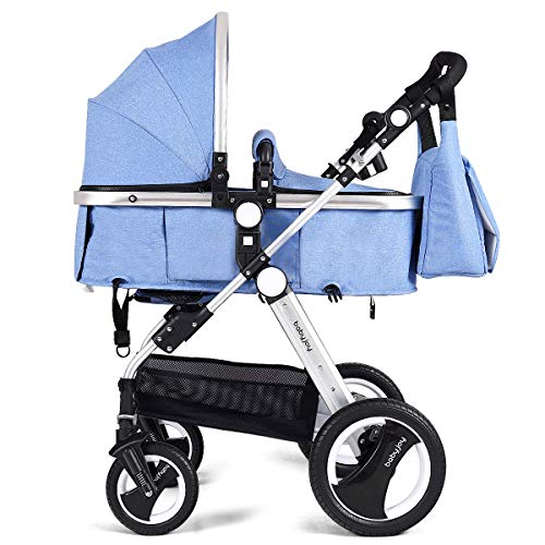 BABY JOY Baby Stroller, 2-in-1 Convertible Bassinet Reclining Stroller, Foldable Pram Carriage with 5-Point Harness, Including Cup Holder, Foot Cover, Diaper Bag, Aluminum Structure, Blue