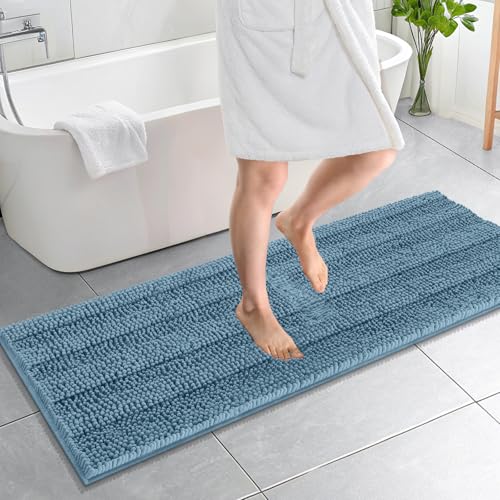 Image of OLANLY Thick Bathroom Runner Rugs 59x20, Absorbent Chenille Striped Bath Rugs, Rubber Backing, Machine Wash, Extra Long Bath Mats for Bathroom Floor, Tub and Shower, Home Decor Accessories, Airy Blue