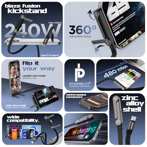 Image of Dubstep Blaze Fusion Kickstand 240W Type-C Cable 1.5M | PowerBlitz | 360 Metal Kickstand | 480 Mbps | Nylon Braided | Fast Charging for Laptop, Tablet & Mobile (Black)