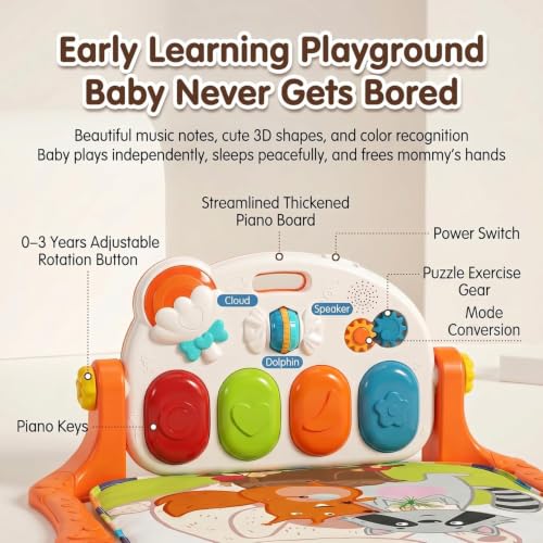 Image of StarAndDaisy Baby Play Gym Mat with Adjustable Piano, Kick & Play Activity Mat for Babies, Infants & Toddlers, Hanging Rattle Toys, Music & Lights (Orange)