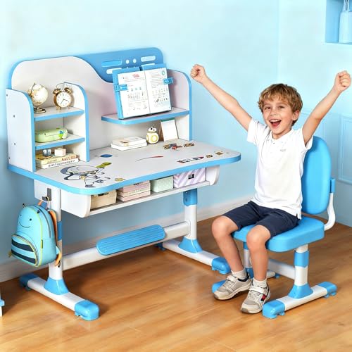 Tifemap Escritorio Infantil Regulable en Altura, Silla Escritorio Niña y Escritorio Niño, Pupitre Infantil con Silla Postura Correcta, Cajón y Estantería