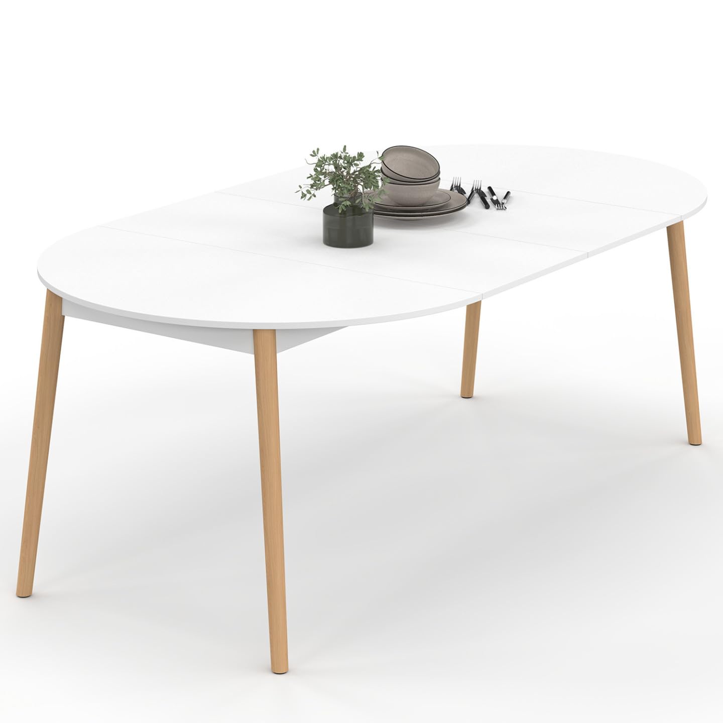 IDMarket Angela – Mesa de comedor extensible redonda para 4 – 10 personas, color blanco y pie madera 110 – 200 cm