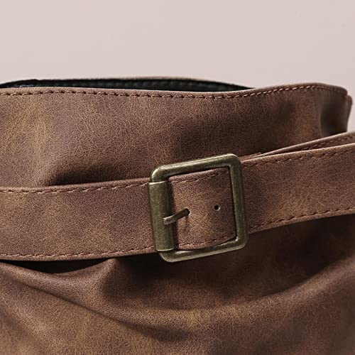 Women's Mid Calf Boots Chunky Low Heels Buckle Strap Fashion Boots Comfortable Pull On Motorcycle Riding Winter Boots (Brown,9) #TOP4