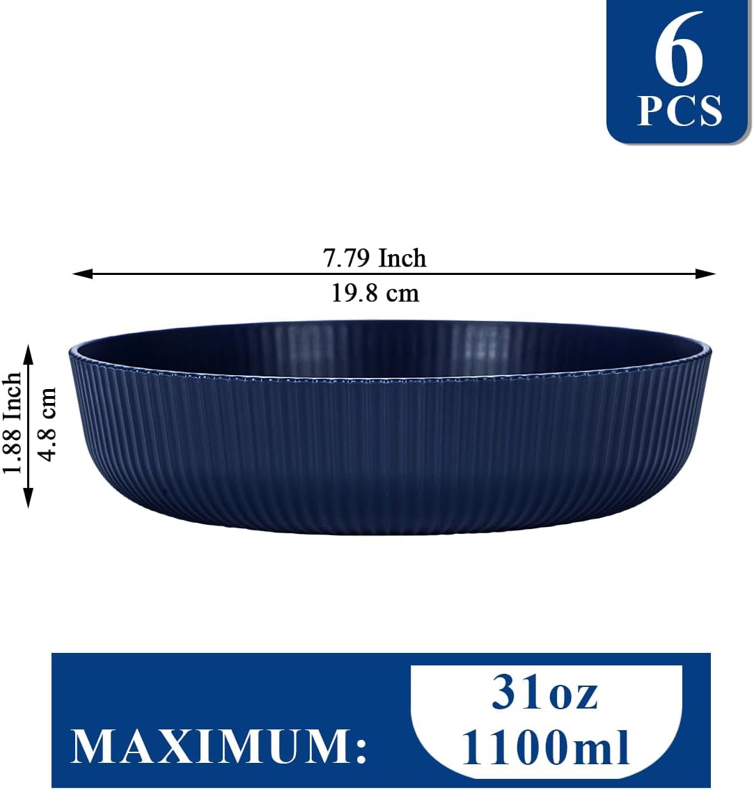HOMQUEN Pasta Bowls Set of 6, 37oz Salad Bowls Blue Soup Bowls, Large Pasta Serving Bowls, Unbreakable Plastic Dinner Bowls, Dinnerware Sets,Valentines Day Gift, Dishwasher Safe (Blue) - Image 2