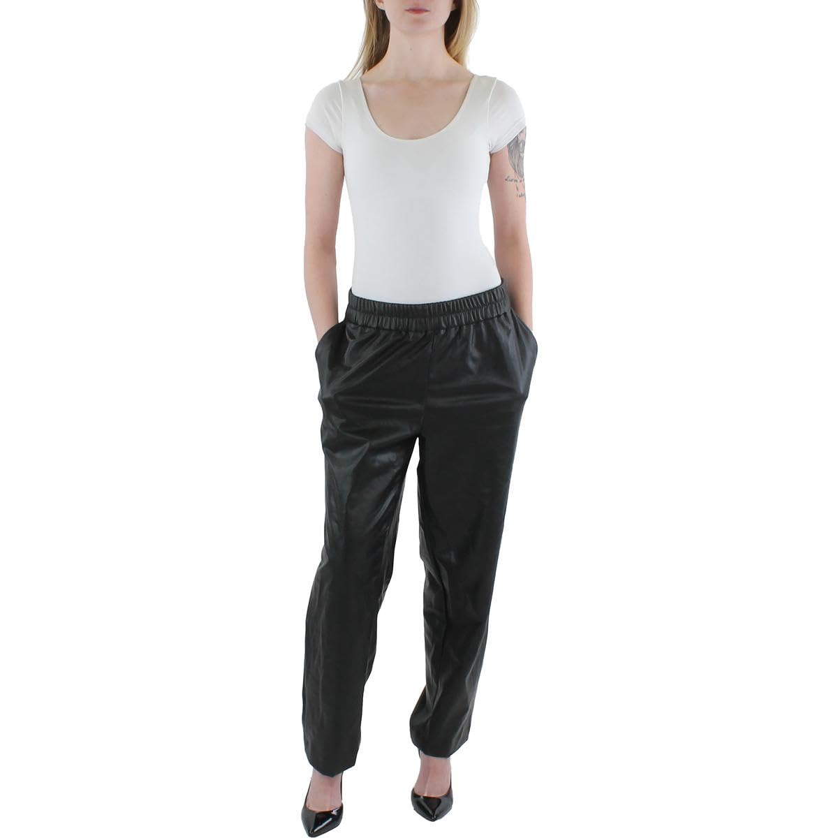 Anne Klein Womens Pocket Faux Leather Ankle Pants Black L