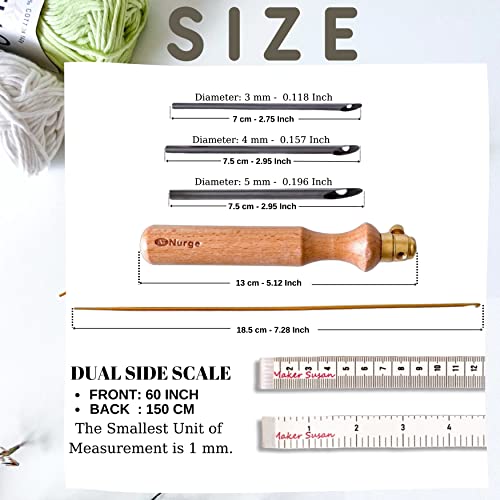 Nurge Premium Quality Punch Needle Kit, 3Mm-4Mm-5Mm Metal Tubes And Wooden Handle Punch Needle Kits For Adult Beginner, Embroidery Weaving Tools For Thread And Yarn With Maker Susan Tape Measure #TOP3