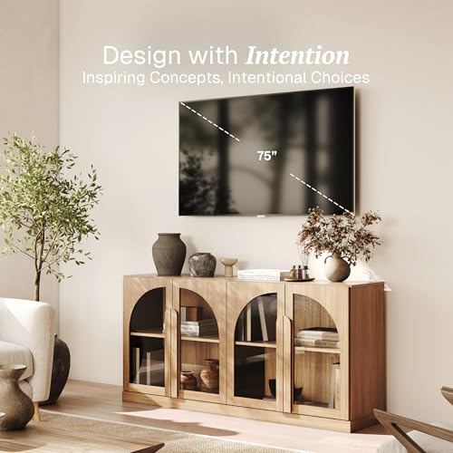 Image of BELLEZE Bijou 64 inch Arched Glass Door Sideboard, Accent Buffet Cabinet with Storage and Adjustable Shelves, Classic Modern Large Console Table for Dining Room Living Room Entryway - Camel