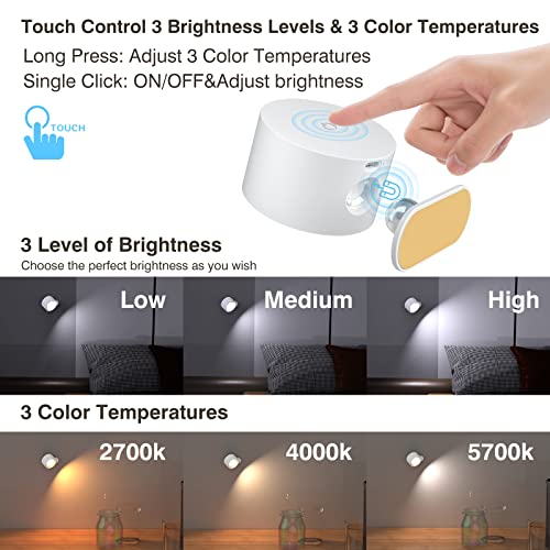 Image of Koopala LED Wall Sconces, Wall Mounted Lamps with Rechargeable Battery Operated Dim 3 Brightness Removable Charging 360Rotate Magnetic Ball, Cordless Wall Light for Reading Study Bedside Hallway