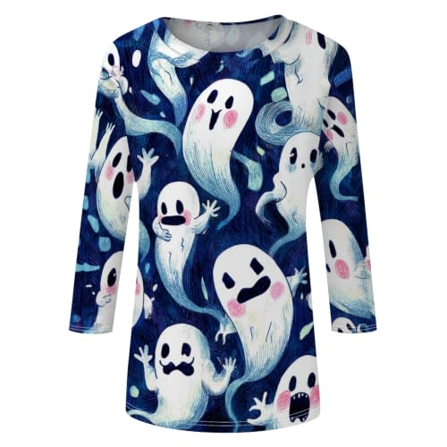 Image of Women Spooky Halloween Graphic Shirt 3 /4 Length Sleeve Crewneck Top | Halloween Funny Printed Pumpkin Plus Size Tshirts 2026 Fall Outfits Skeleton Tee Going Out Tops
