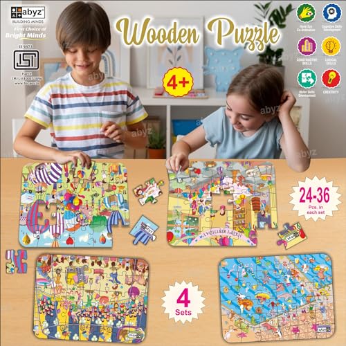Image of ABYZ Wooden Jigsaw Air Balloon, Birthday Party, Circus, Animal's Pool Party Puzzle 120pcs for Kids, of Age 3-5 Years, Set of 4