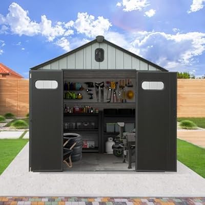 Domi 8x12FT Outdoor Storage Shed - Plastic Tool Storage Shed with Lockable Door, Weatherproof Design for Patio Furniture, Lawn Mowers & Bikes, Includes Ventilation Windows