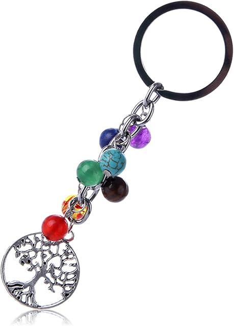 Healing Crystal Stone Keyring Natural 7 Chakra Crystal Gemstone Key Ring Reiki Healing Key Chain Silver Tree of Life Charm for Women Girl Family Bag Decor Christmas Gift